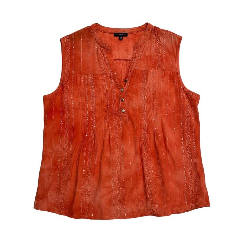 Cocomo Sleeveless Coral Orange Tank Top with Sequins and Embroidery, Size XL/009